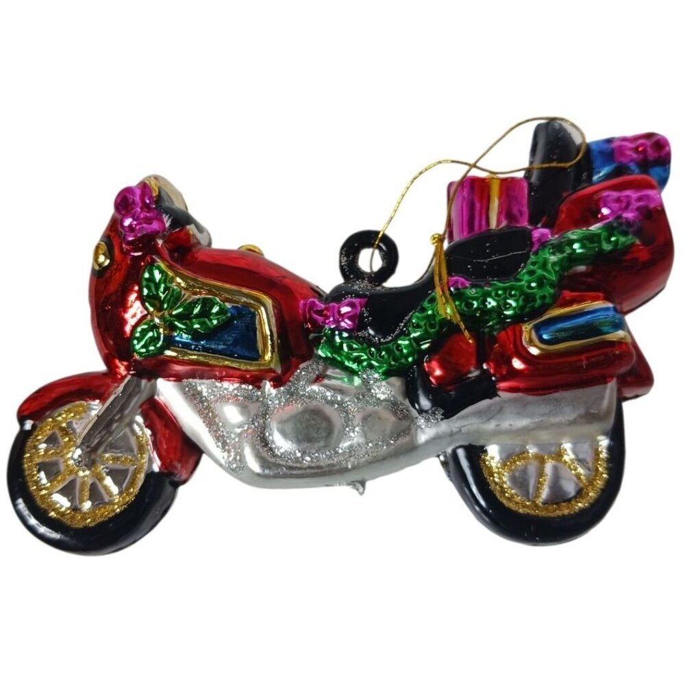 Vtg Glittering Glass Motorcycle Christmas Ornament With Gift multicolor
